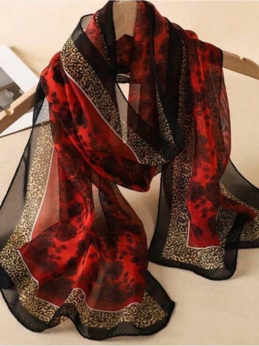 Elegant Red & Black Leopard Print Sheer Scarf